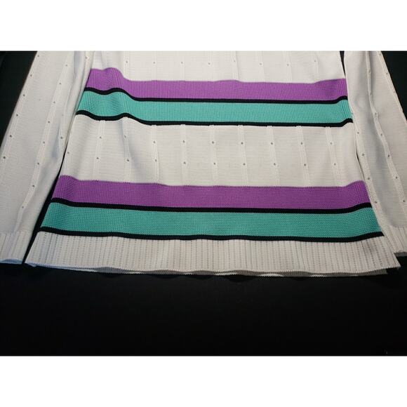 NPC Fashions Purple Teal Black On White Sweater - Picture 2 of 8